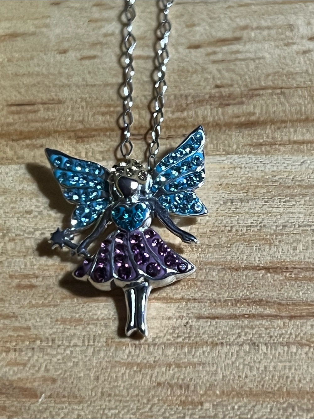 Fairy Pendant Necklace with Blue and Purple Rhinestones 925 N209